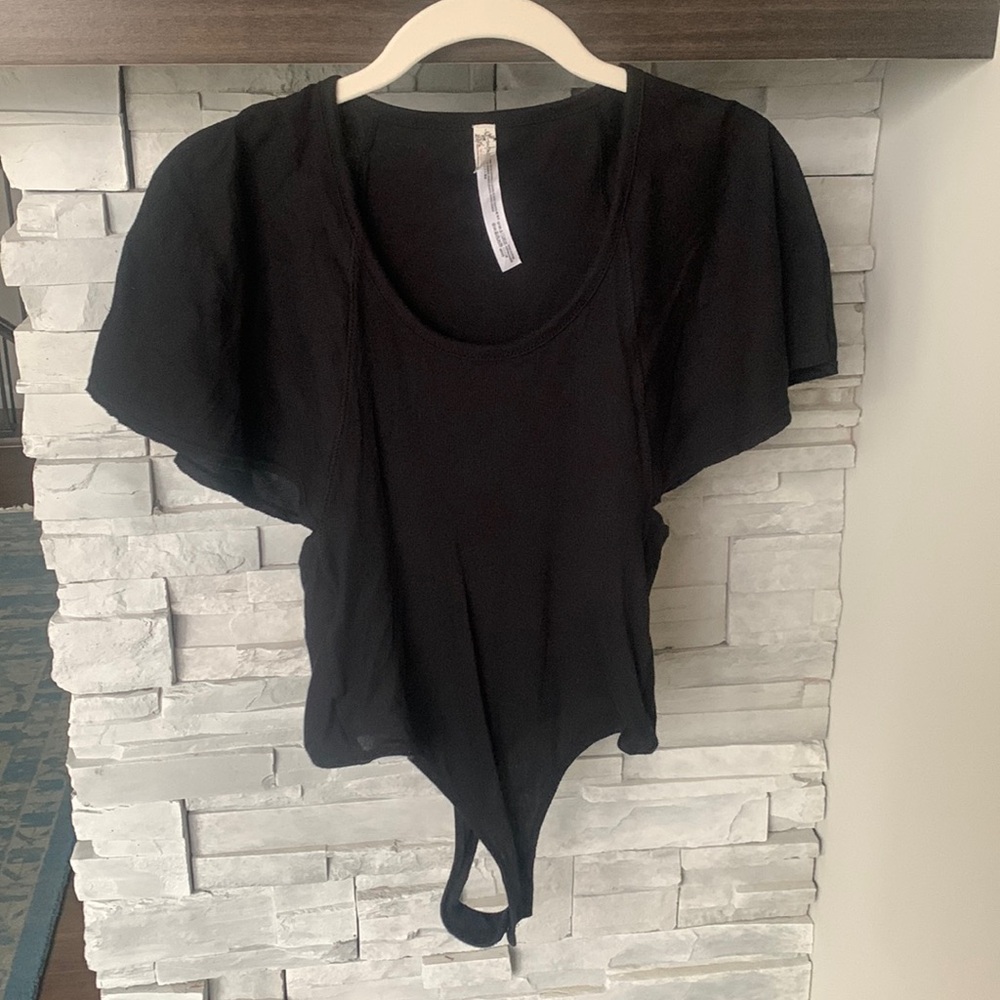Free people flutter sleeve ribbed black bodysuit